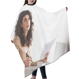 Personality  Pensive Copywriter Working With Papers And Laptop At Home  Hair Cutting Cape