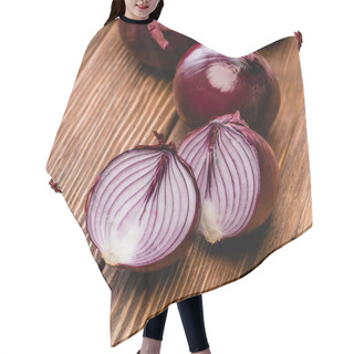 Personality  Close Up View Of Red Onion Halves On Wooden Table Hair Cutting Cape