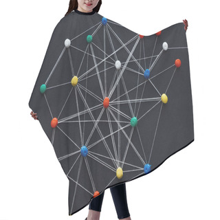 Personality  Top View Of Push Pins Connected With Strings Isolated On Black, Network Concept Hair Cutting Cape