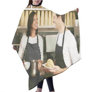 Personality  Man And Woman Working In Coffee Shop Hair Cutting Cape