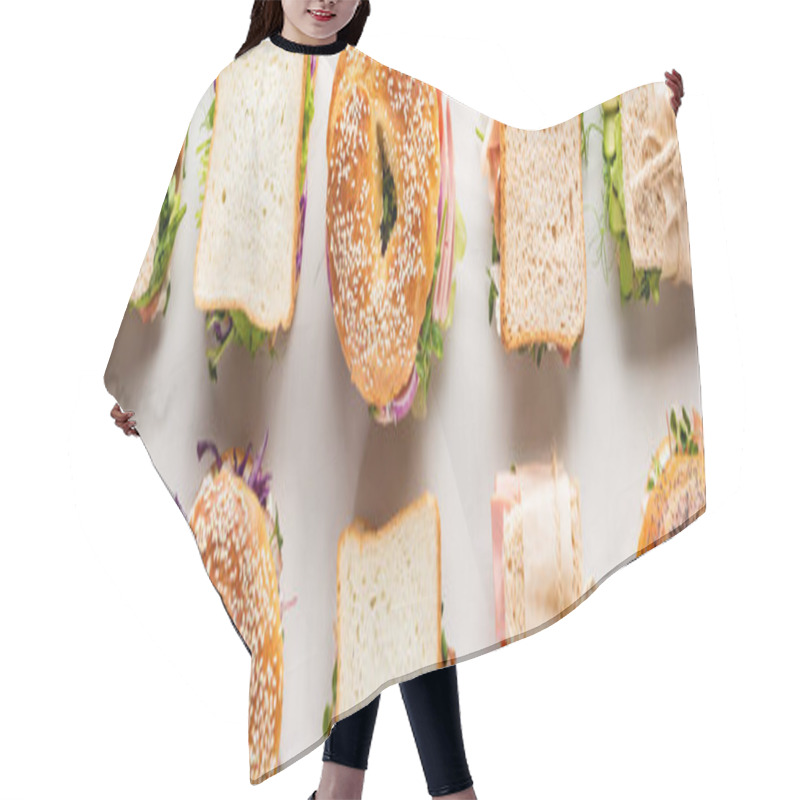 Personality  Flat Lay With Fresh Sandwiches And Bagels On Marble White Surface, Panoramic Shot Hair Cutting Cape