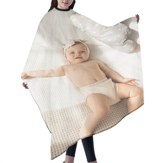 Personality  Top View Of Barefoot Infant Girl In Headband Lying On Bed Near Pillow In Cloud Shape  Hair Cutting Cape