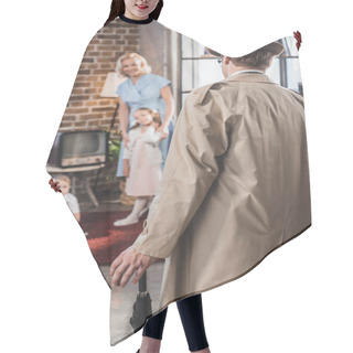 Personality  Back View Of Father Coming Home And Looking At Happy Family, 1950s Style  Hair Cutting Cape