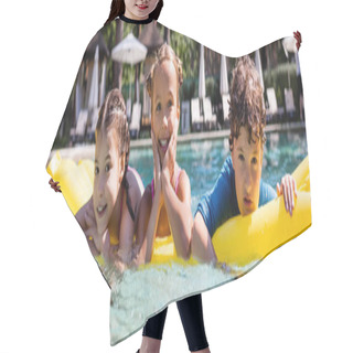 Personality  Horizontal Image Of Joyful Friends Looking At Camera While Floating On Inflatable Mattress In Pool Hair Cutting Cape