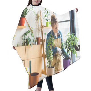 Personality  Attractive Woman In Gloves Transplanting Plant In Flowerpot  Hair Cutting Cape