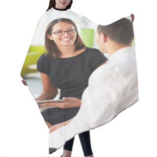 Personality  Businesspeople With Digital Tablet Having Meeting InOffice Hair Cutting Cape