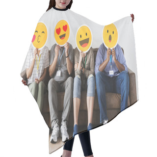 Personality  Diverse People Sitting And Covering Faces With Emojis Boards Hair Cutting Cape