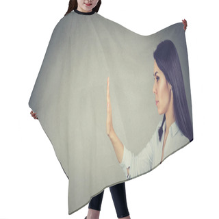 Personality  Side Profile Of Woman With Stop Hand Gesture  Hair Cutting Cape