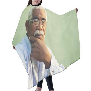 Personality  Portrait Of Serious African American Old Man Looking At Camera Hair Cutting Cape