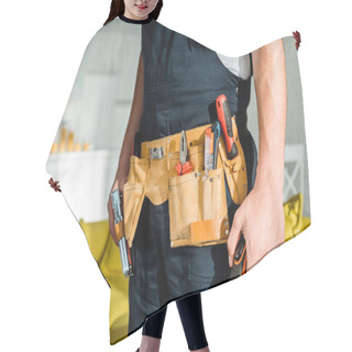 Personality  Cropped View Of Installer Standing And Holding Measuring Tape  Hair Cutting Cape