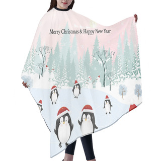 Personality  Merry Christmas And Happy New Year 2022 Greeting Card, Cute Cartoon Winter Wonder Landscape With Penguins Celebrating In The Park On Christmas Night Or New Year Eve With  Santa Claus And Reindeer  Hair Cutting Cape