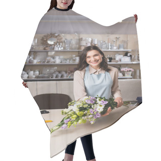 Personality  Happy Florist Holding Eustoma Flowers Near Rack With Vases On Blurred Background Hair Cutting Cape