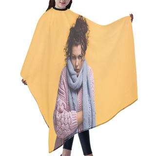 Personality  Displeased Woman Freezing In Warm Sweater And Scarf Isolated On Orange Hair Cutting Cape