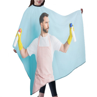 Personality  Serious Bearded Man Holding Spray Bottles On Blue  Hair Cutting Cape