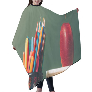 Personality  Website Header Of Pen Holder With Color Pencils And Pens, And Ripe Apple On Books Near Green Chalkboard Hair Cutting Cape