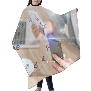 Personality  Selective Focus Of Astrologer Holding Smartphone And Cards With Zodiac Signs Near Constellations Hair Cutting Cape