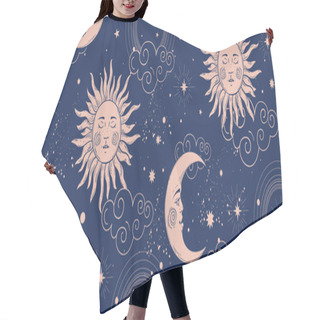Personality  Seamless Cosmic Pattern With Sun And Crescent Moon, Vintage Background For Astrology And Tarot. Sun With Face And Stars On A Blue Background. Vector Illustration Hair Cutting Cape