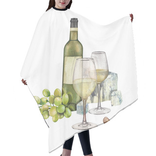 Personality  Two Watercolor Glasses Of White Wine, Bottle, White Grapes And Cheese Hair Cutting Cape