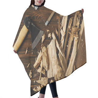 Personality  Axe, Chisel, Handsaw And Wooden Pieces On Brown Tabletop  Hair Cutting Cape