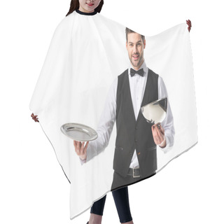 Personality  Portrait Of Handsome Bearded Waiter In Suit Vest With Empty Serving Tray Isolated On White Hair Cutting Cape
