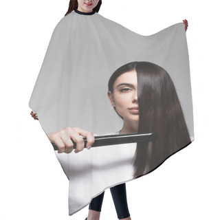 Personality  Young Brunette Woman Using Hair Straightener Isolated On Grey Hair Cutting Cape