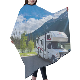 Personality  Banff, Canada; June 2022: Nomadic Freedom: RV Adventures Amidst The Canadian Rockies Majestic Scenery In Banff Hair Cutting Cape