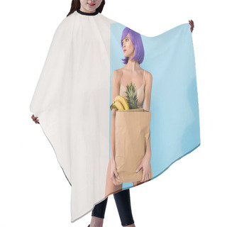 Personality  Beautiful Girl With Purple Hair Holding Paper Bag With Tropical Fruits On Blue And White Hair Cutting Cape