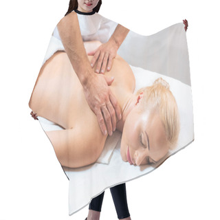 Personality  Male Masseur Doing Massage To Blonde Woman  Hair Cutting Cape