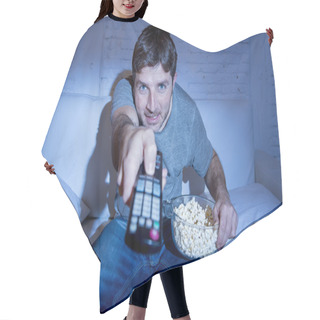 Personality  Man At Home Lying On Couch At Living Room Watching Tv Eating Popcorn Bowl Using Remote Control Hair Cutting Cape