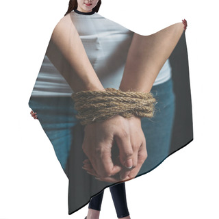 Personality  Cropped View Of Victim Hands Tied With Rope Isolated On Black Hair Cutting Cape