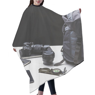 Personality  Backpack, Smartphone, Photo Camera With Lens And Tracking Equipment Hair Cutting Cape