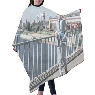 Personality  Asian Businessman In Protective Mask Walking On Bridge With Coffee In Paper Cup, Air Pollution Concept Hair Cutting Cape