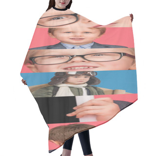 Personality  Collage Of Emotional Boy In Eyeglasses On Pink And Blue Background Hair Cutting Cape