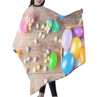 Personality  Flat Lay Image Of Plastic Easter Eggs Being Filled With Chocolates Before Easter Egg Hunt. It Is A Fun Activity For Children Who Search For Eggs And Get The Chocolates. Hair Cutting Cape