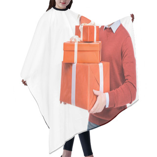 Personality  Cropped Shot Of Man Holding Gift Boxes Isolated On White Hair Cutting Cape