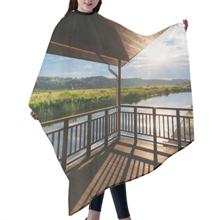 Personality  View Of Scenic Sunset Over River From Wooden Terrace Hair Cutting Cape
