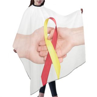 Personality  Cropped View Of Man And Woman Holding Red And Yellow Ribbon As Hepatitis C Awareness Isolated On White  Hair Cutting Cape