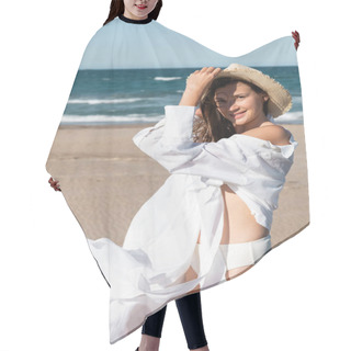 Personality  Happy Young Woman In White Shirt Holding Sun Hat Near Sea On Beach  Hair Cutting Cape