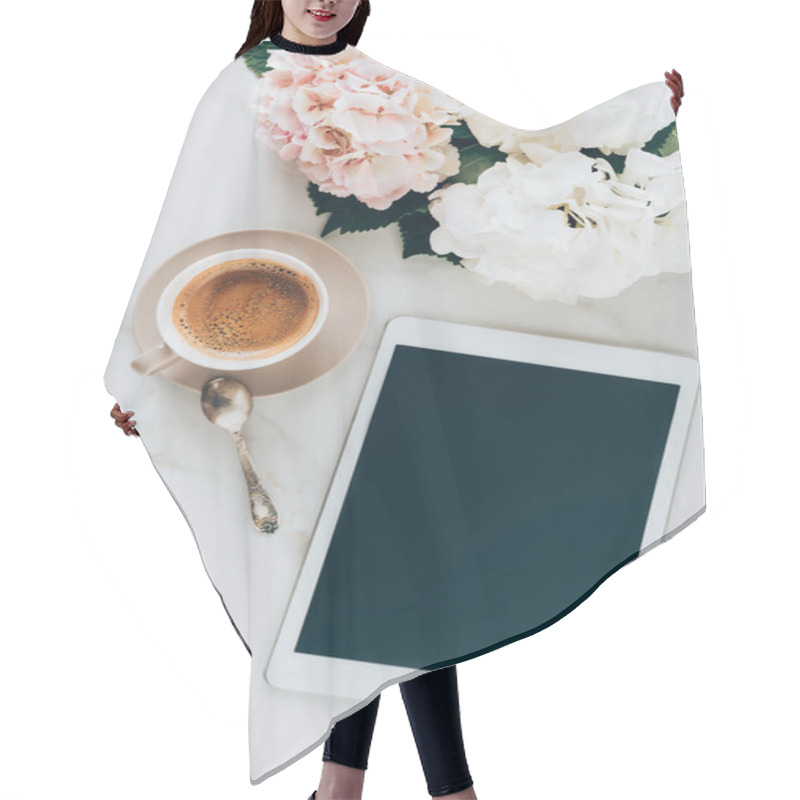 Personality  top view of cup with espresso coffee, hortensia flowers and digital tablet with blank screen on marble surface hair cutting cape