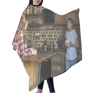 Personality  Young Women Talking On Kitchen In Morning Hair Cutting Cape