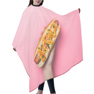 Personality  Cropped View Of Woman Holding Delicious Hot Dog On Pink Hair Cutting Cape