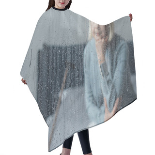 Personality  Lonely Senior Woman Sitting On Bed And Propping Chin With Hand At Home Through Window With Raindrops Hair Cutting Cape
