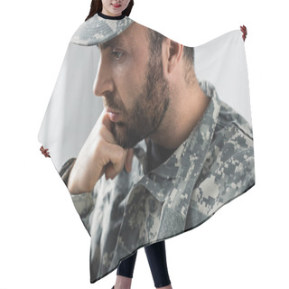 Personality  Pensive Bearded Military Man In Uniform Holding Hand Near Face Hair Cutting Cape