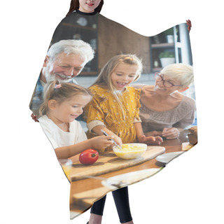 Personality  Smiling Happy Grandfather Helping Children To Cook In The Kitchen Hair Cutting Cape