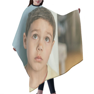 Personality  Portrait Of Thoughtful, Adorable Brunette Boy Looking Up With Brown Eyes Hair Cutting Cape