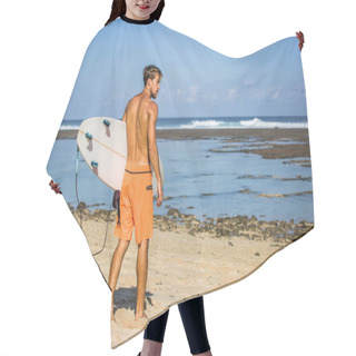 Personality  Young Man With Surfing Board On Sandy Beach Near Ocean Hair Cutting Cape