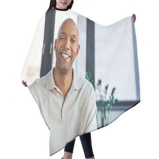 Personality  Professional Headshots, Cheerful Dark Skinned Man With Myasthenia Gravis Disease Looking At Camera, Happy Office Worker With Eye Syndrome, Inclusion And Diversity Hair Cutting Cape