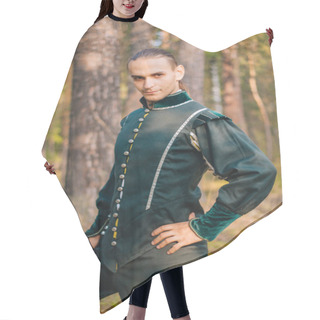 Personality  Sexy Guy In The Woods. In Beautiful, Old Clothes Of Green Color. A Medieval . Fantasy.  Hair Cutting Cape