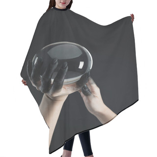 Personality  Cropped View Of Black Painted Hands Of Witch Holding Transparent Crystal Ball Isolated On Black Hair Cutting Cape