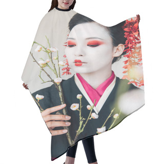 Personality  Selective Focus Of Tree Branches And Beautiful Geisha With Red And White Makeup Isolated On White Hair Cutting Cape